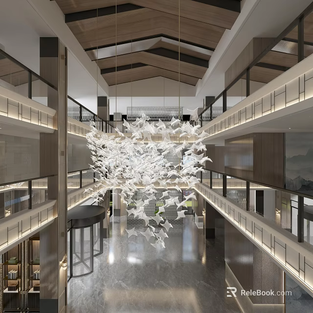 Hotel Lobby Interior Design With Elegant Decorative Chandelier And Double Layer Corridors 3d model 