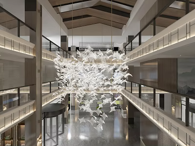 Hotel Lobby Interior Design With Elegant Decorative Chandelier And Double Layer Corridors 3d model