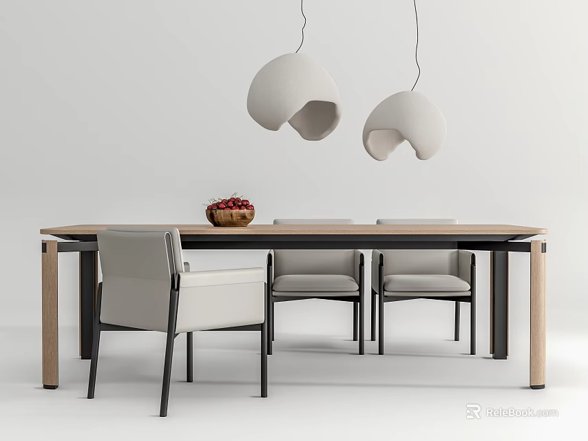 Modern Dining Table Set With Chairs Pendant Lights And Fruit Bowl Decoration 3d model 