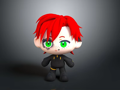 3D Cartoon Character With Red Hair Green Eyes Freckles And Black Outfit 3d model