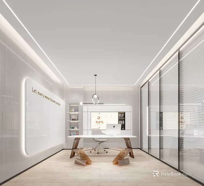 Public Office Space Modern Interior With Open Layout Glass Partitions Bookshelves Desk And Pendant Light 3d model 