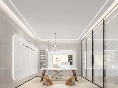 Public Office Space Modern Interior With Open Layout Glass Partitions Bookshelves Desk And Pendant Light 3d model