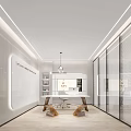 Public Office Space Modern Interior With Open Layout Glass Partitions Bookshelves Desk And Pendant Light