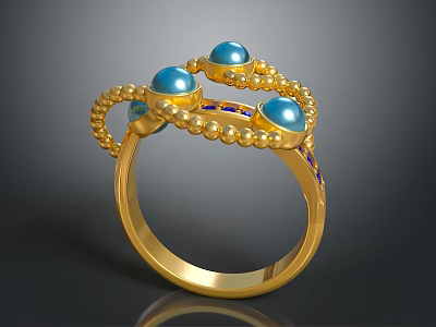 Gold Ring With Blue Pearls And Gold Beaded Details Purple Gemstone Accents 3d model