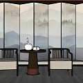 Leisure Sofa Chair Set With Mountain Landscape Screen And Round Tea Table 3d model