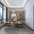 Traditional Teahouse Interior With Wooden Ceiling Tables Chairs And Tea Sets On Shelves