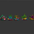 Colorful Cartoon Style Plants With Various Shapes And Vibrant Colors On Black Background