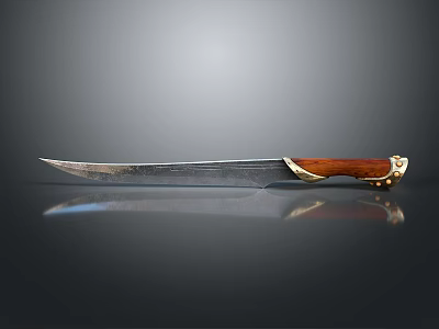 Traditional Sharp Knife With Silver Blade And Brown Wooden Handle Golden Accents 3d model