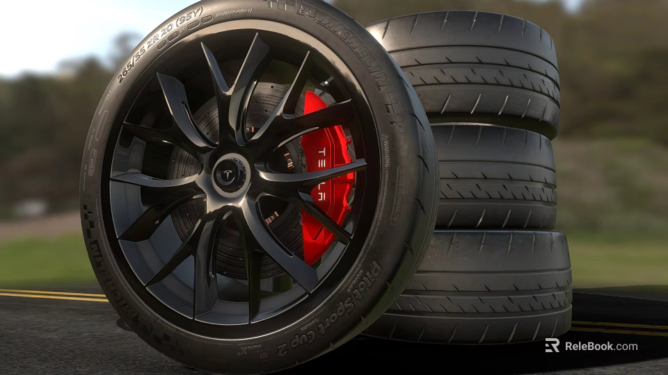 Black Alloy Wheel With Red Brake Calipers And Stacked Performance Tires 3d model 
