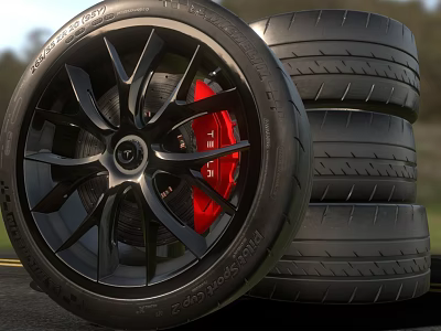Black Alloy Wheel With Red Brake Calipers And Stacked Performance Tires 3d model