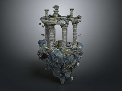 Detailed Ancient Architectural Sculpture on Floating Rock with Columns and Broken Ruins 3d model