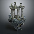 Detailed Ancient Architectural Sculpture on Floating Rock with Columns and Broken Ruins