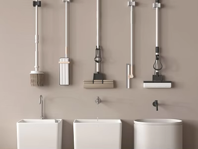 Bathroom Accessories Featuring Wall mounted Cleaning Tools Mops Brushes and White Sinks with Faucets 3d model