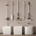 Bathroom Accessories Featuring Wall mounted Cleaning Tools Mops Brushes and White Sinks with Faucets
