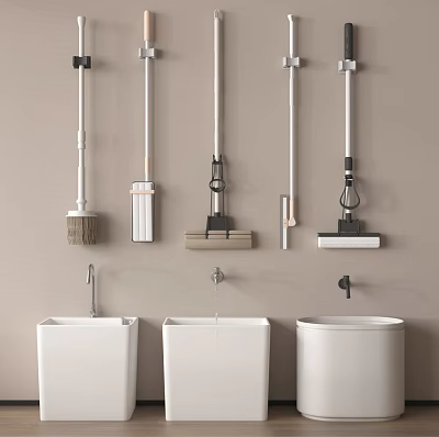 Bathroom Accessories Featuring Wall mounted Cleaning Tools Mops Brushes and White Sinks with Faucets 3d model