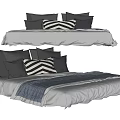 Double Bed With Multiple Black Gray Pillows Striped Accent And Gray Blanket 3d model