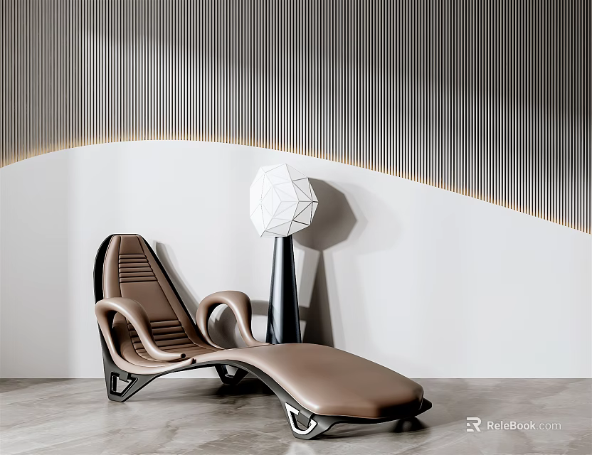 Modern Brown Leather Lounge Chair With White Geometric Floor Lamp And Vertical Striped Wall 3d model 