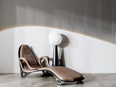 Modern Brown Leather Lounge Chair With White Geometric Floor Lamp And Vertical Striped Wall 3d model