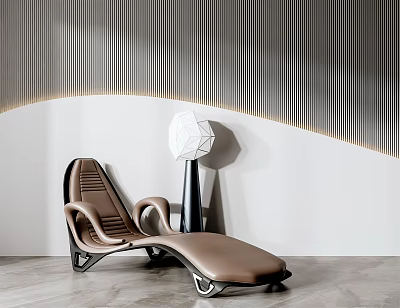 Modern Brown Leather Lounge Chair With White Geometric Floor Lamp And Vertical Striped Wall 3d model