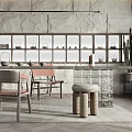 Modern Tea Room Interior With Stone Wall Display Shelves Teaware Tables Chairs And Lighting
