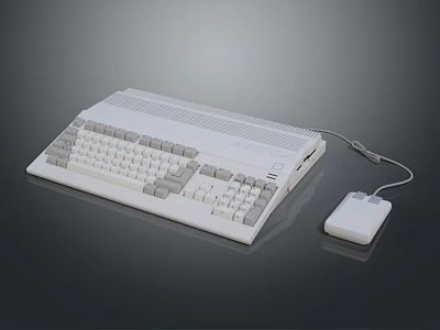 Vintage White Computer Keyboard With Wired Mouse On Dark Surface 3d model