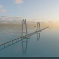 Cable Stayed Bridge Over Calm Sea With Sunset Sky Clouds And Passing Ships 3d model