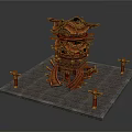 Cartoon Style Chinese Tower Scene With Multi Tiered Structure Red Roofs And Wooden Decorations