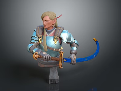 Elven Warrior In Blue Armor With White Fox And Curved Sword 3d model