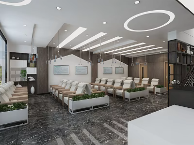 Modern Waiting Area Interior With Beige Seats Green Plants And Marble Floor 3d model