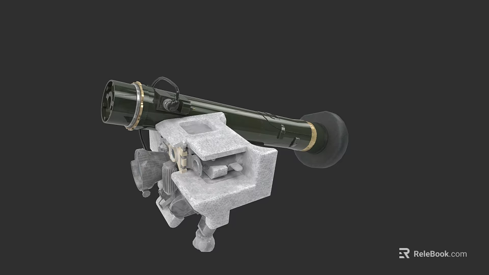 Military Weapon Artillery Piece With Green Barrel Stone Base And Mechanical Components 3d model 