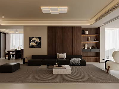 Modern Living Dining Room Interior With Black Sofa Wooden Accent Wall And Coffee Table 3d model