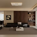 Modern Living Dining Room Interior With Black Sofa Wooden Accent Wall And Coffee Table