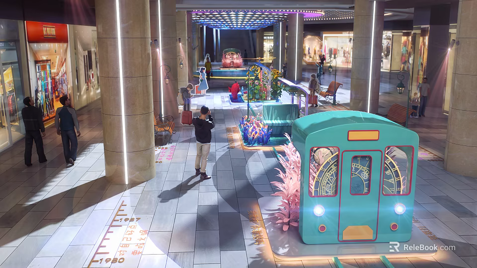 Decorative Teal Tram In Indoor Mall With Columns And Pedestrians Around 3d model 
