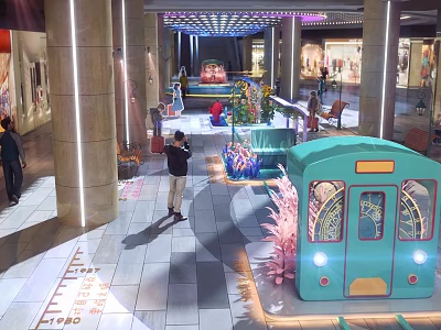 Decorative Teal Tram In Indoor Mall With Columns And Pedestrians Around 3d model