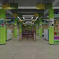 Spacious Supermarket Interior With Green Pillars And Shelves Filled With Various Products