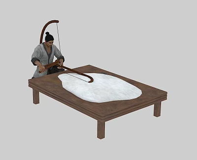 A Man Using Traditional Bow To Work With White Fluffy Material On Wooden Table 3d model