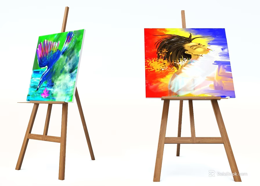 Vibrant Abstract Paintings on Wooden Easels with Colorful Brushstrokes and Dynamic Patterns 3d model 