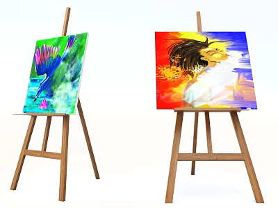 Vibrant Abstract Paintings on Wooden Easels with Colorful Brushstrokes and Dynamic Patterns 3d model