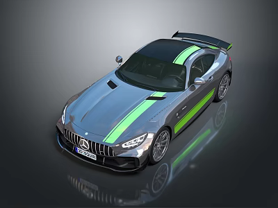 Silver Mercedes AMG Sports Car with Green Stripes and Rear Spoiler Design 3d model