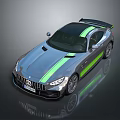 Silver Mercedes AMG Sports Car with Green Stripes and Rear Spoiler Design