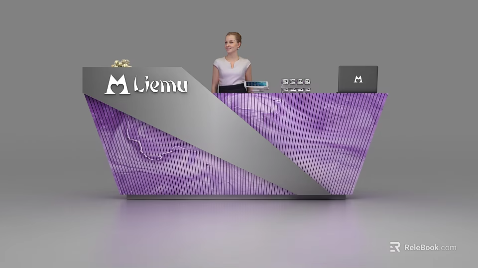 Modern Purple and Silver Reception Desk With Liemu Logo Laptop and Receptionist 3d model 