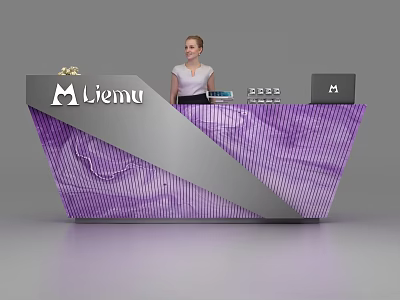 Modern Purple and Silver Reception Desk With Liemu Logo Laptop and Receptionist 3d model