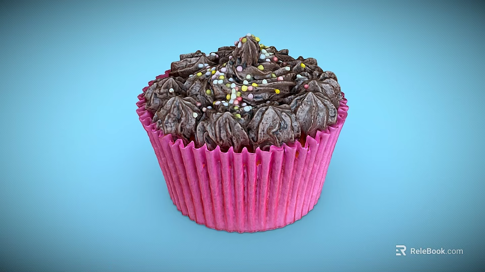 Delicious Chocolate Cupcake With Chocolate Frosting And Colorful Sprinkles In Pink Paper Liner 3d model 