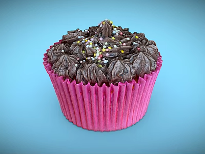 Delicious Chocolate Cupcake With Chocolate Frosting And Colorful Sprinkles In Pink Paper Liner 3d model