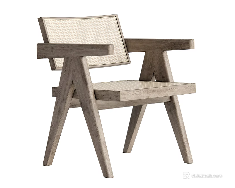 Simple Modern Wooden Leisure Chair With Woven Backrest And Sturdy Armrests 3d model 