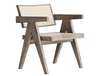 Simple Modern Wooden Leisure Chair With Woven Backrest And Sturdy Armrests 3d model
