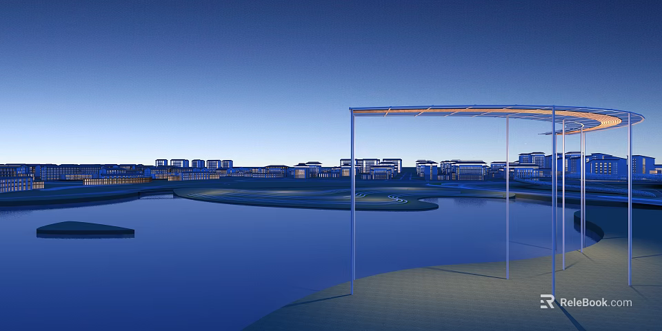 Park Landscape With Serene Water Feature Modern Buildings And Illuminated Walkways 3d model 