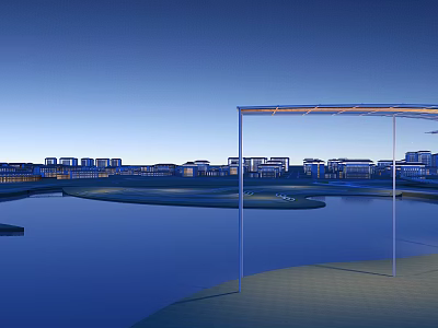 Park Landscape With Serene Water Feature Modern Buildings And Illuminated Walkways 3d model
