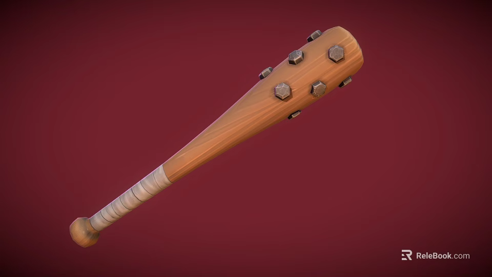 Wooden Baseball Bat Weapon With Metal Bolts On Red Background 3d model 