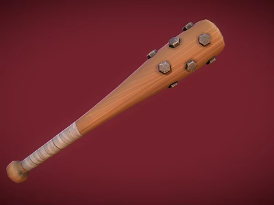 Wooden Baseball Bat Weapon With Metal Bolts On Red Background 3d model